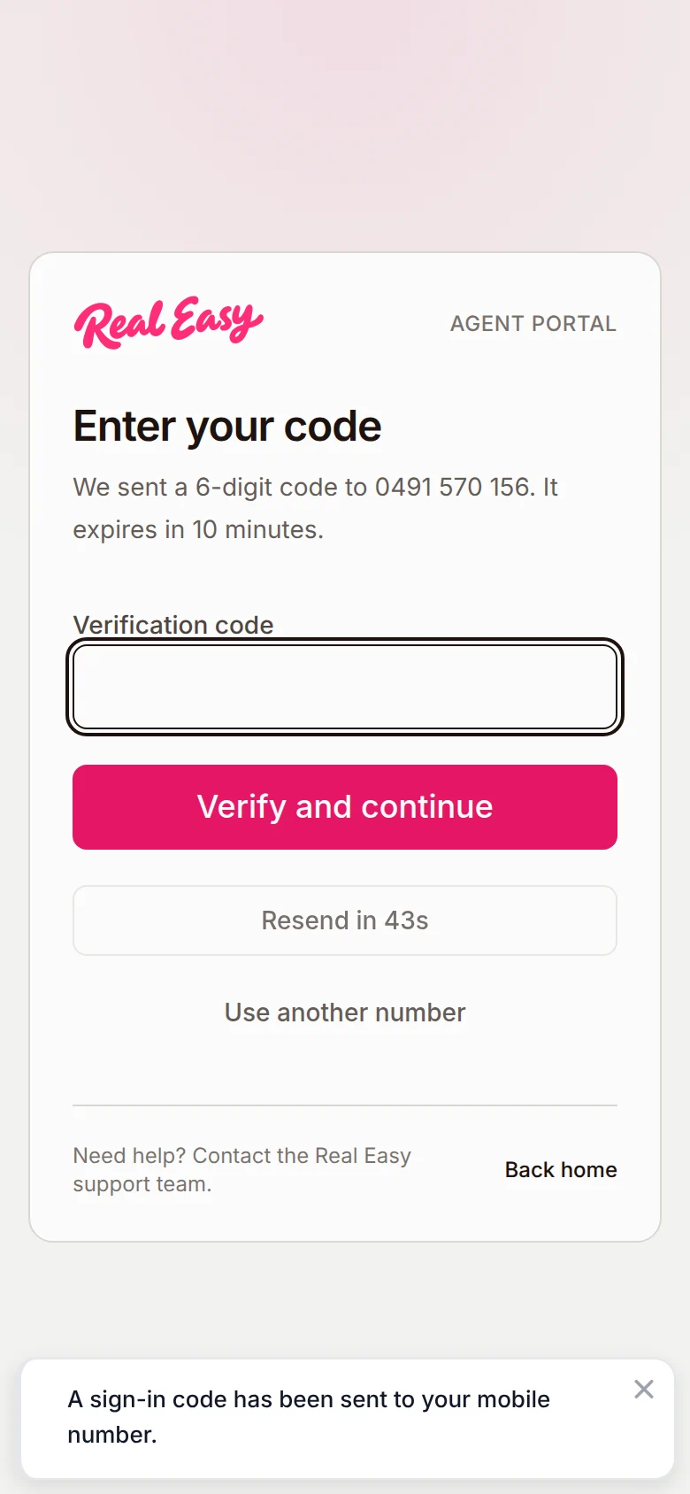 The same card asking for six digits, with a resend button counting down and a button to change the number.
