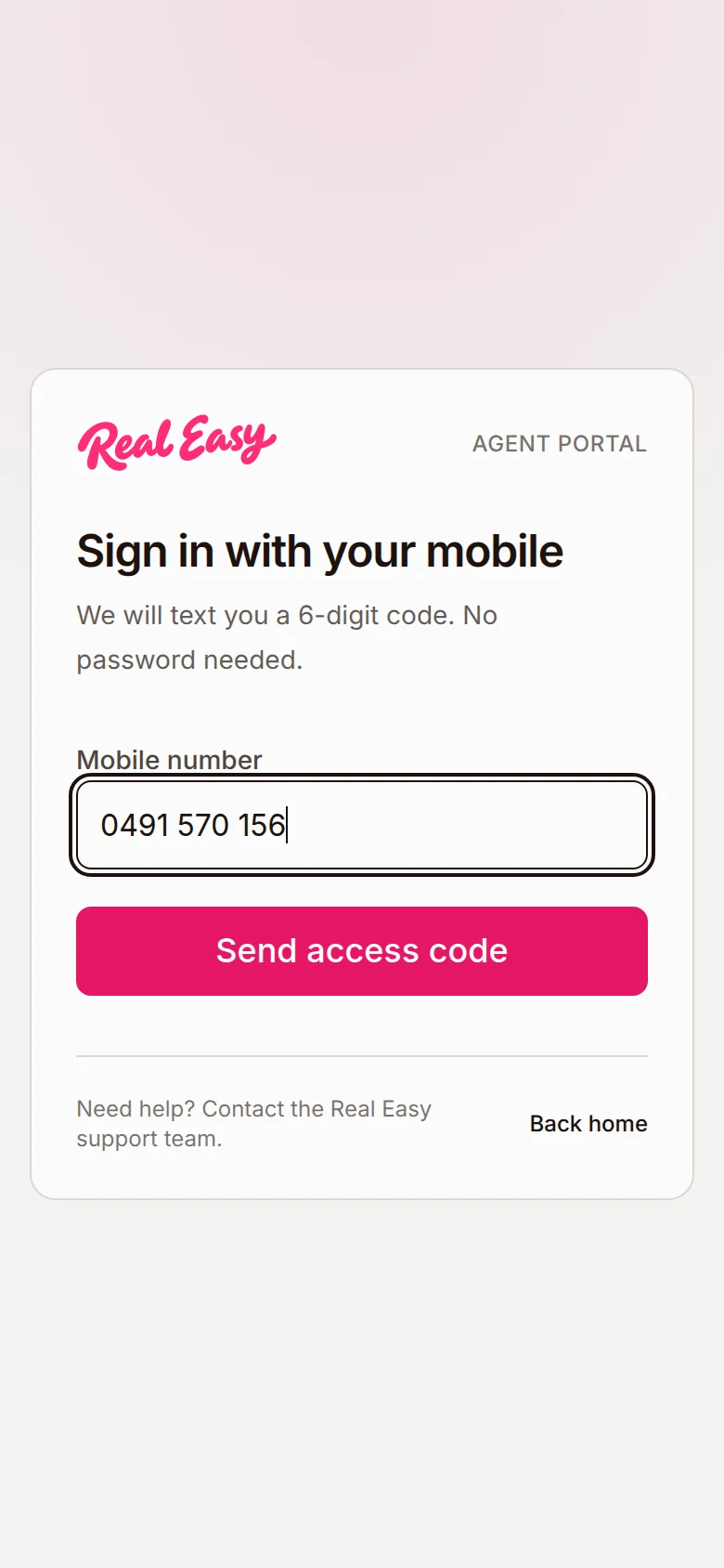 A sign-in card with one phone number field and a pink button.