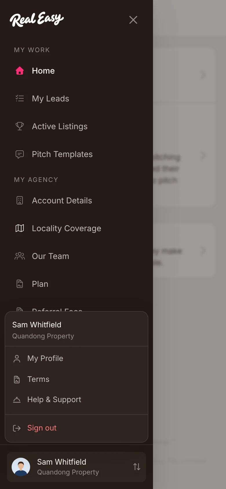 A dark sidebar listing My Work and My Agency pages, with a small pop-up near the bottom whose last item is red.