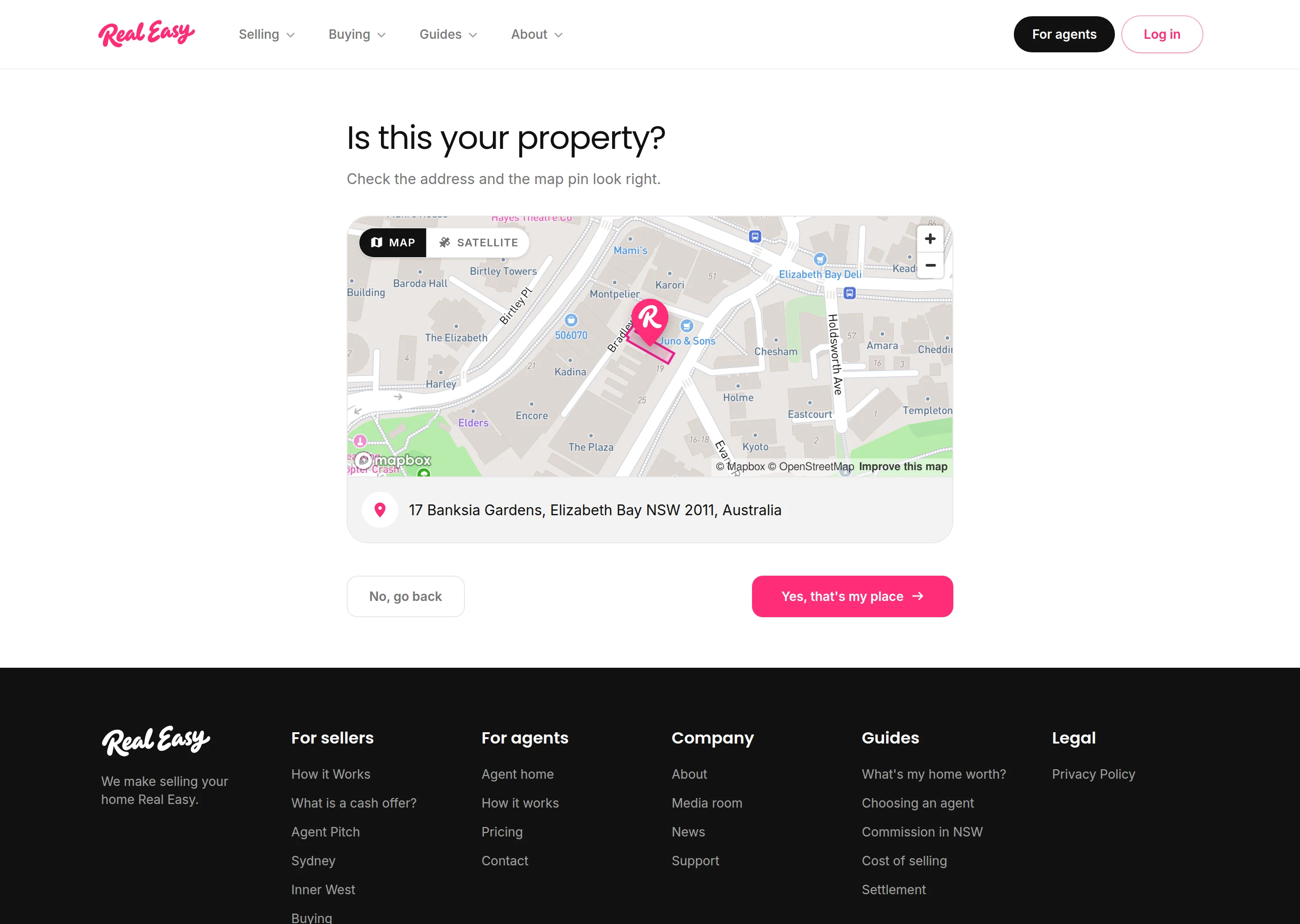 A street map with a pink outline round one block, MAP and SATELLITE toggles, and two buttons below.