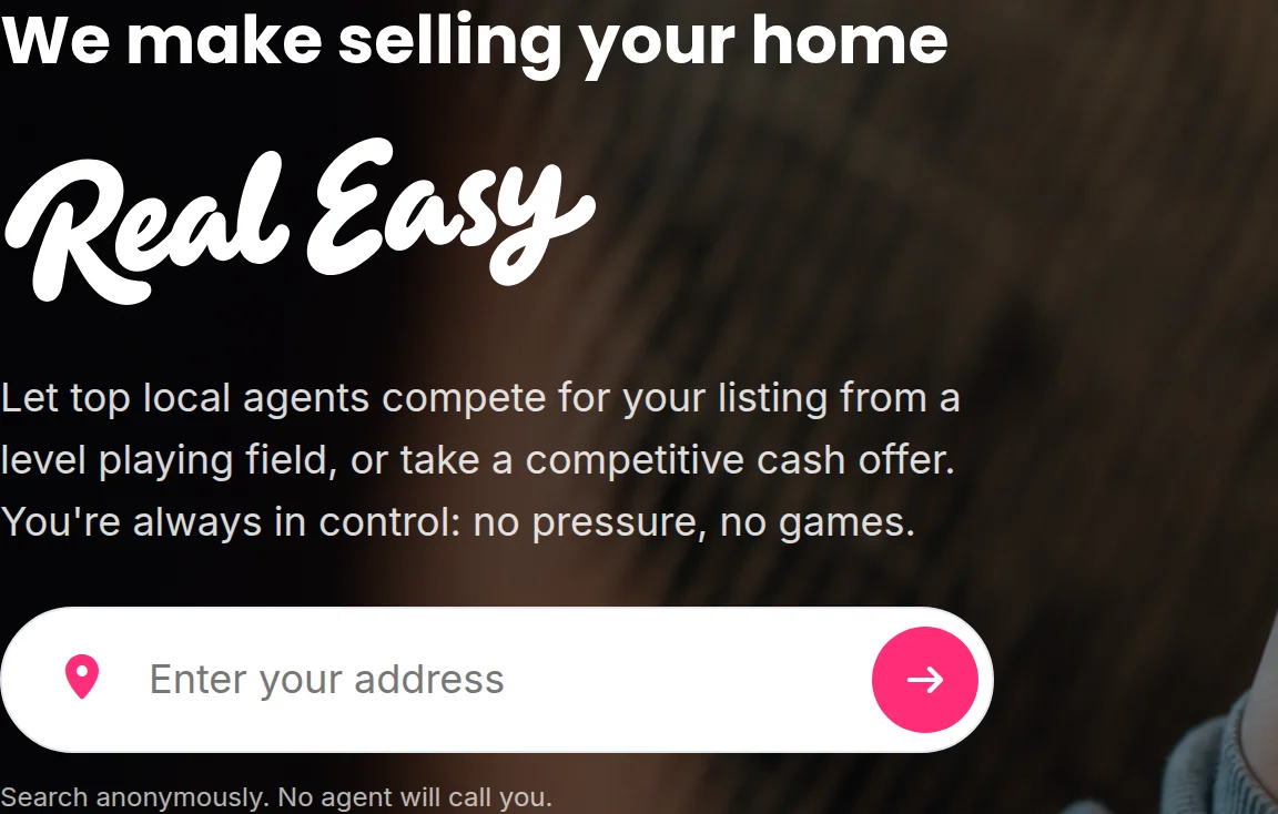 White text on a dark photo, with a pink arrow button at the end of a white input.