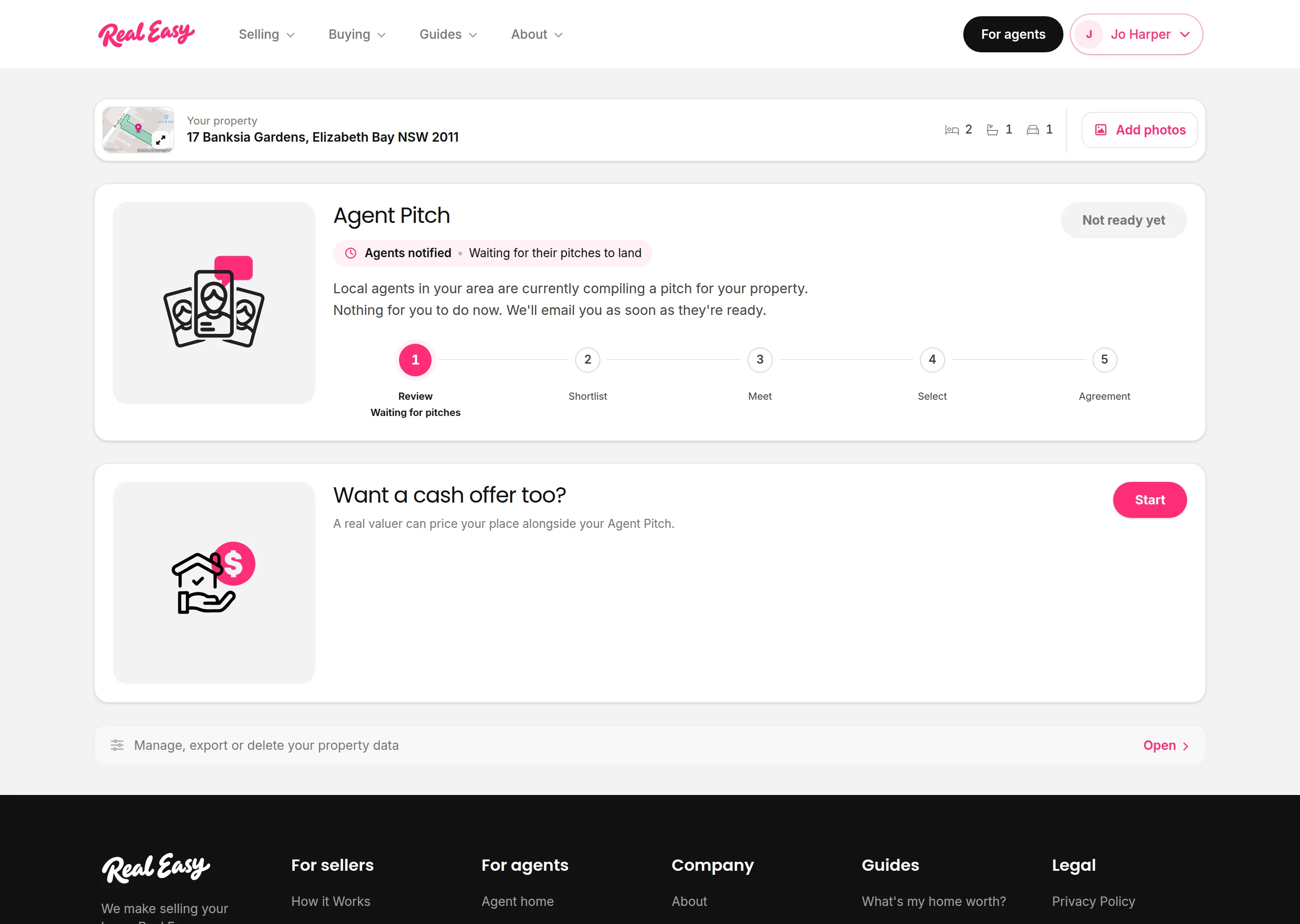 A home waiting for agents' pitches, with Not ready yet greyed out and a pink Start button for a cash offer.